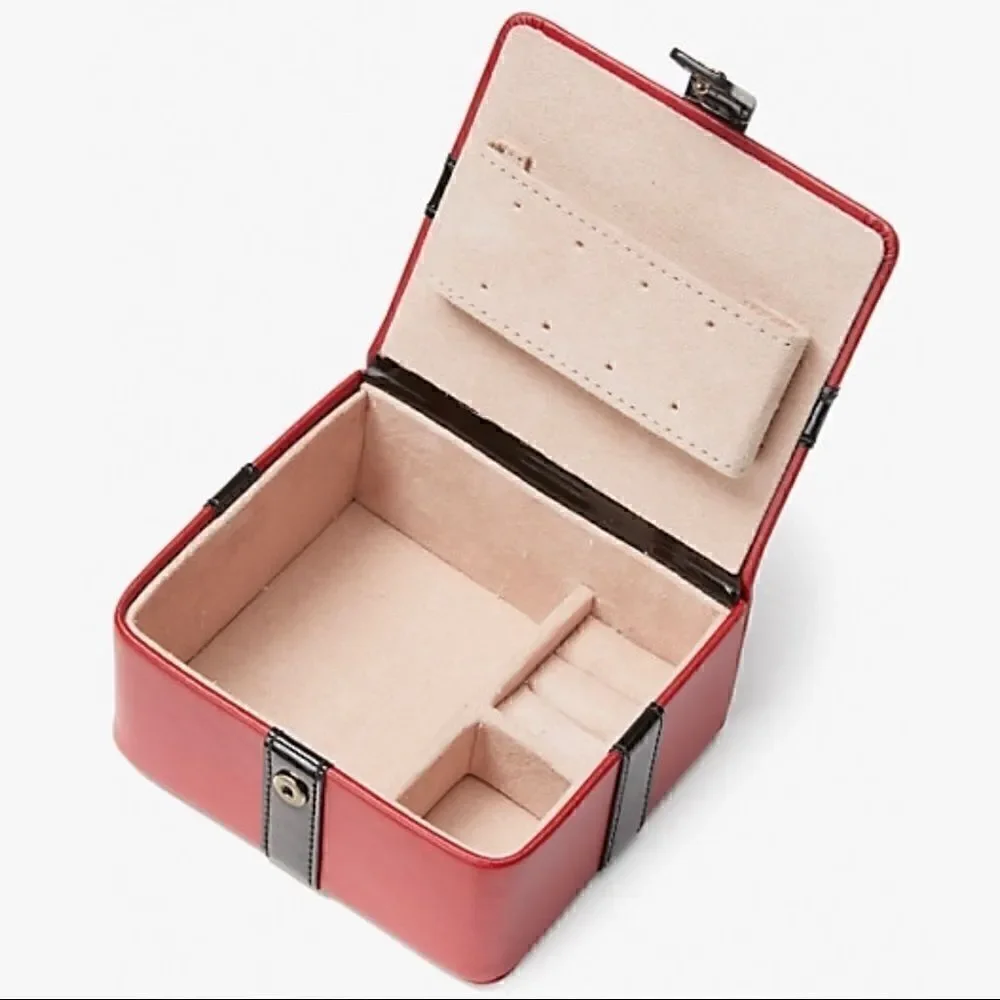 KATE SPADE GIFT/CANDY BOX LEATHER JEWELRY BOX IN RED CURRANT BLACK BOW NEW