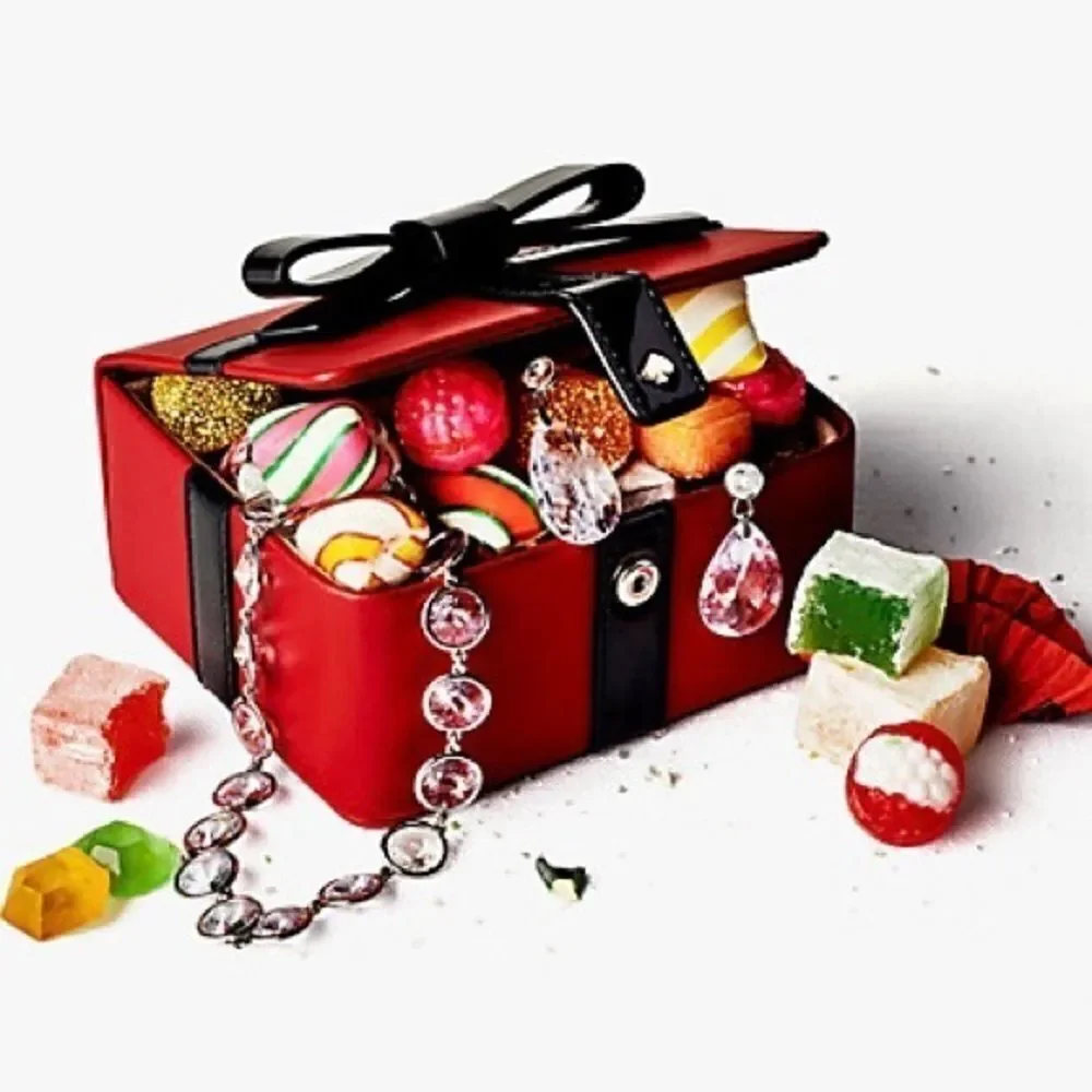 KATE SPADE GIFT/CANDY BOX LEATHER JEWELRY BOX IN RED CURRANT BLACK BOW NEW