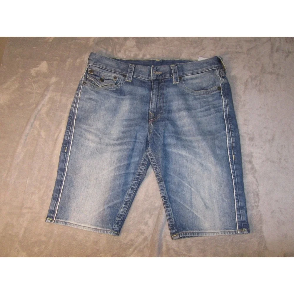 True Religion Mens Ricky Flap‎ Denim Shorts Medium Wash Blue Size 34 Horseshoe