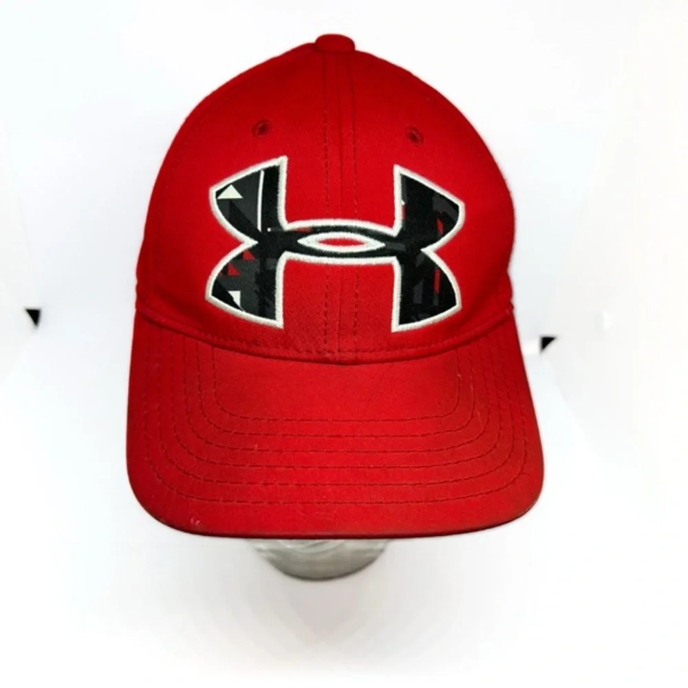 Under‎ Armour Hat Cap Youth Kids Boys S/M Flex Stretch Fitted Red Black Logo