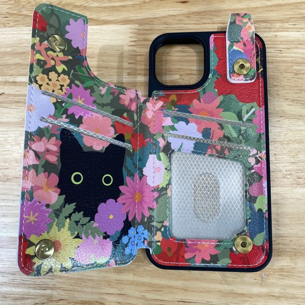 QX iPhone 13 Wallet Case Black Cat Floral Garden Folio ID Card Holder Multicolor
