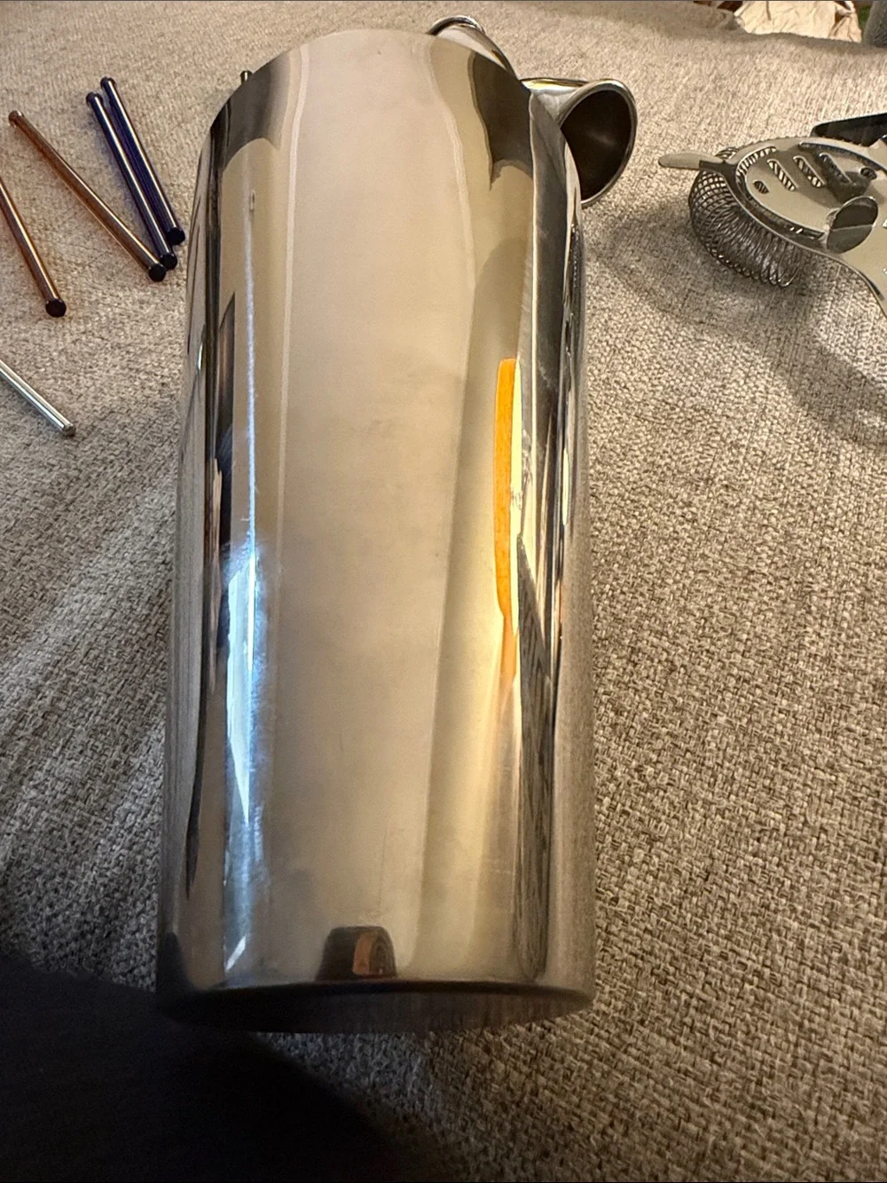 Vintage Barware: Stainless Steel Shaker, Jigger, Strainer, Spoon; Glass Stirrers