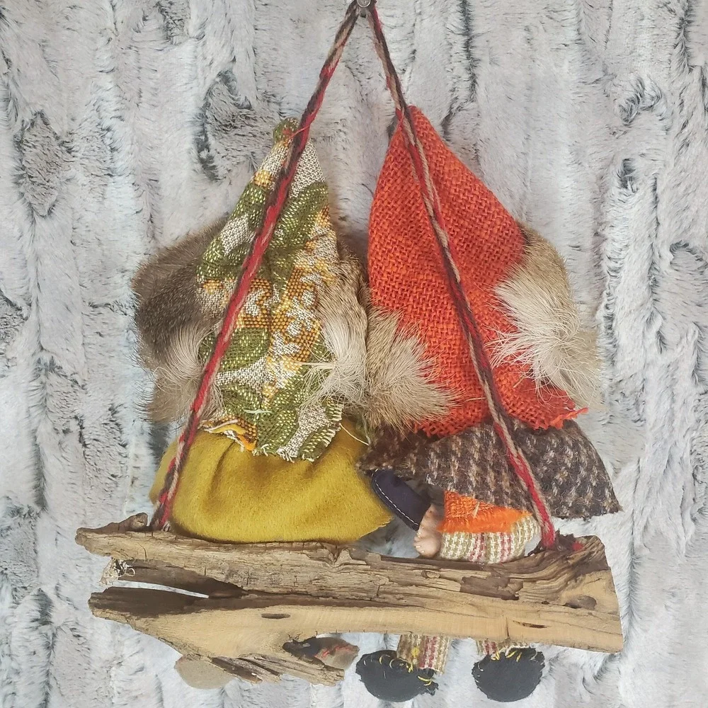 Kitschy Folk Art Two Bearded Men On A Branch Log Natural‎ Materials Wall Hanging