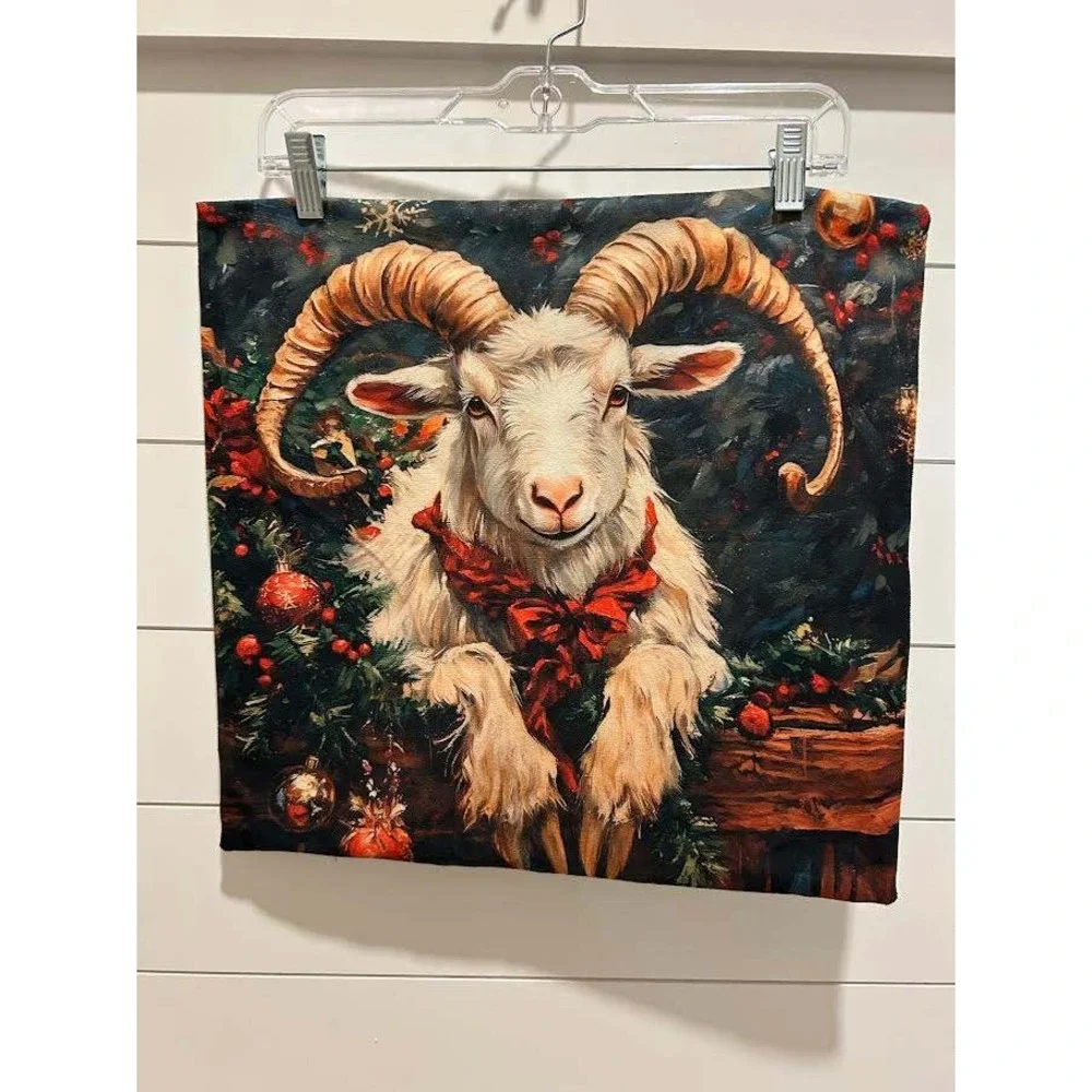 Christmas Goat Throw Pillow Cover Holiday Farmhouse Decor (17.5x17.5) Red Bow