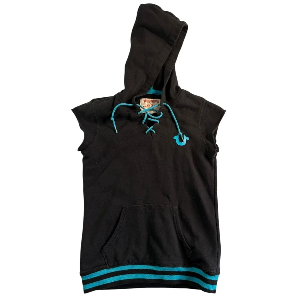 True‎ Religion Lace Up Hoodie Mens Small Black Logo Kangaroo Pockets Sleeveless
