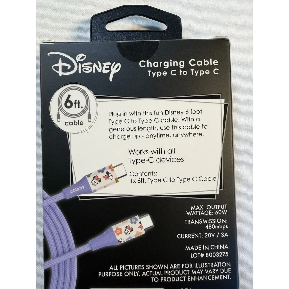 Minnie Mouse‎ Disney Type C to Type C 6 Foot Charging Cable New With Tags