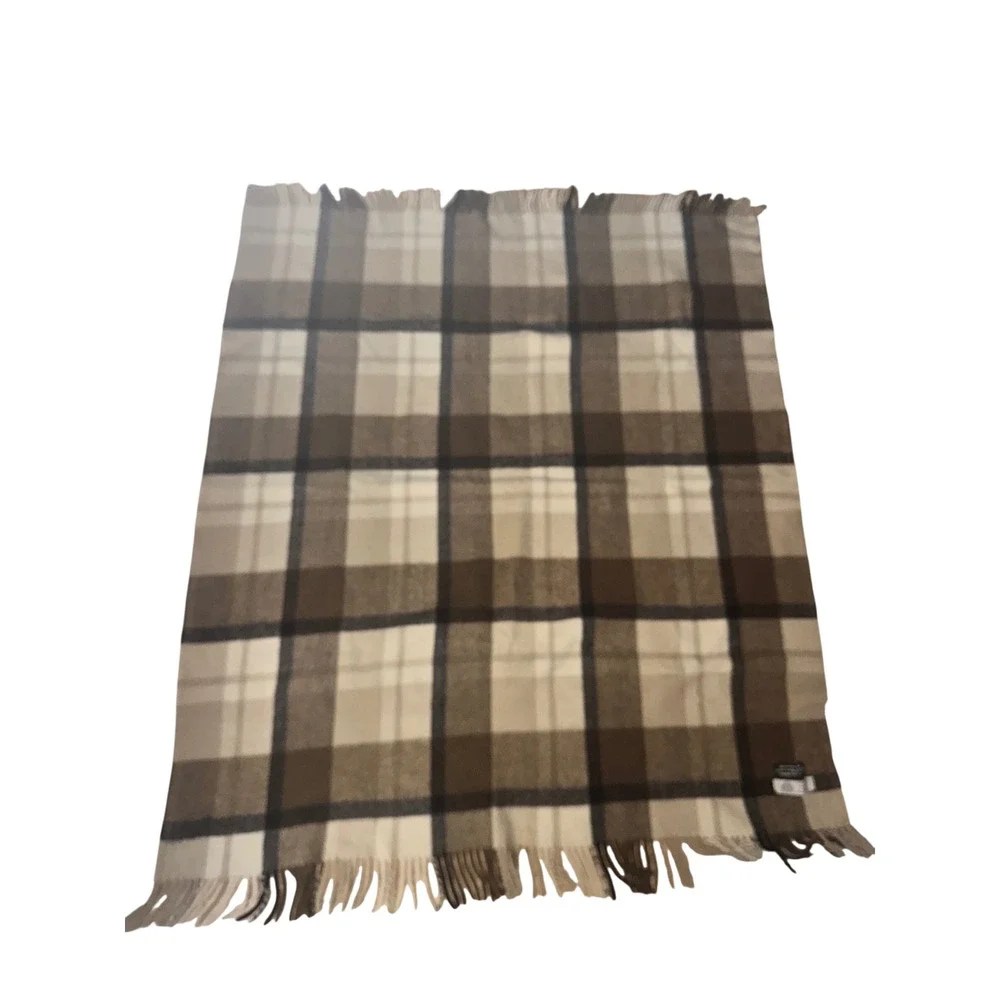 Vintage Pure Wool Plaid Throw Blanket Brown Tan Fringed Uruguay 54