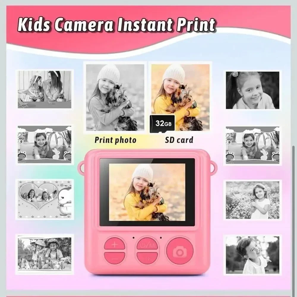 Kids Pink Camera Instant Print, Christmas Birthday Gifts for Girls Boys Age 3-12