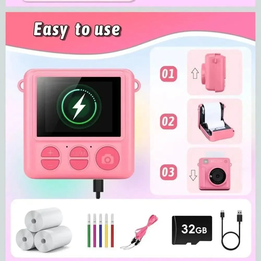 Kids Pink Camera Instant Print, Christmas Birthday Gifts for Girls Boys Age 3-12