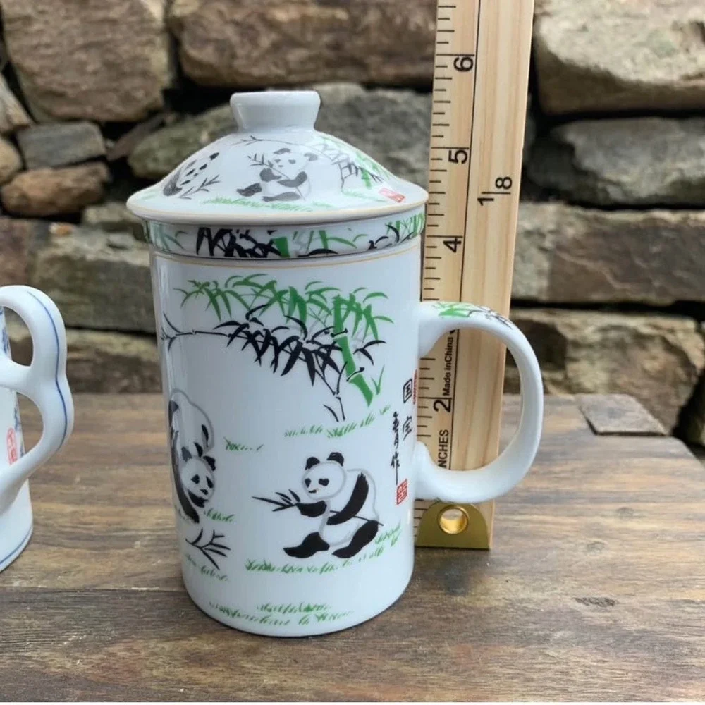 Chinese Porcelain Tea Mugs with Infuser Strainer Lids Panda Water Buffalo Set 2