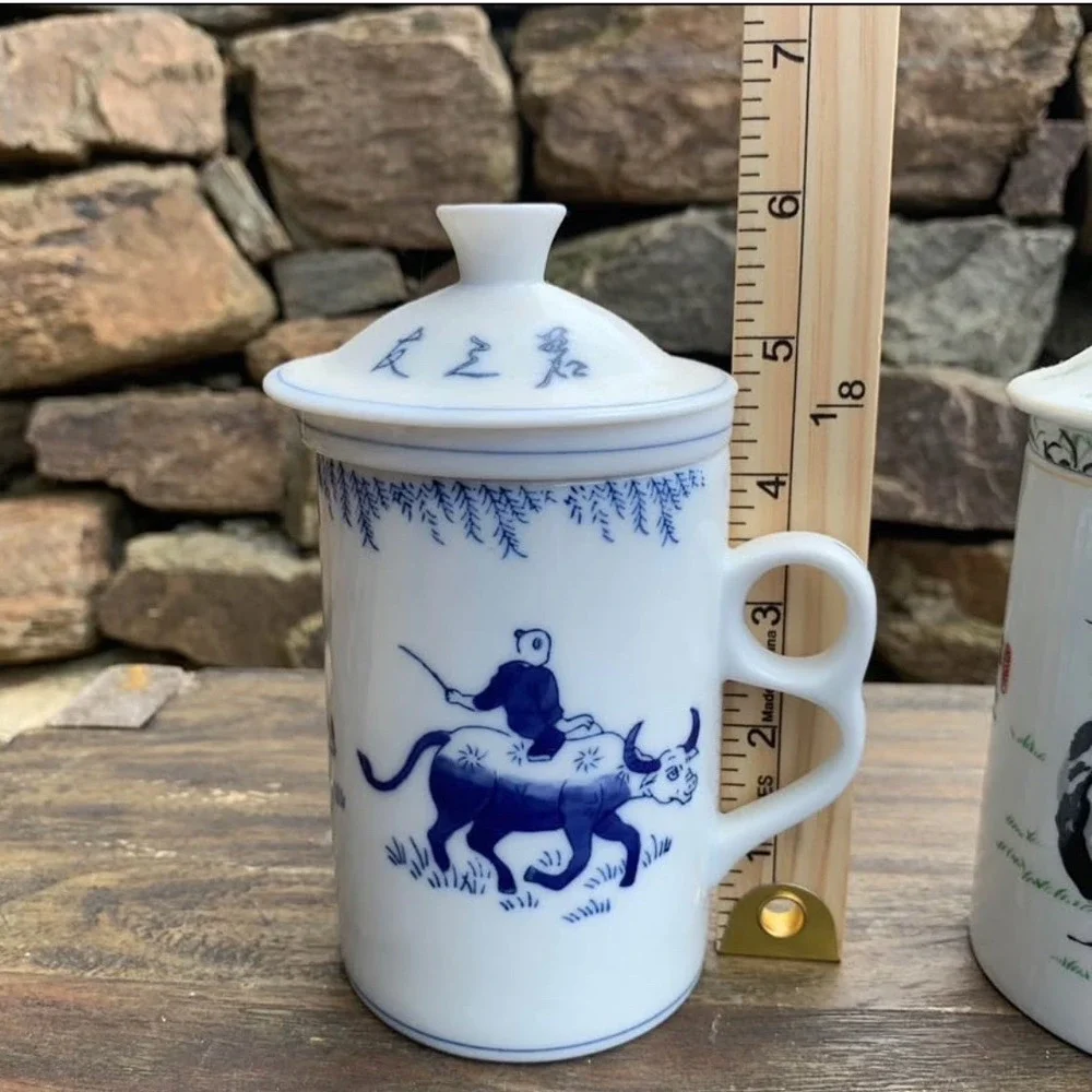 Chinese Porcelain Tea Mugs with Infuser Strainer Lids Panda Water Buffalo Set 2