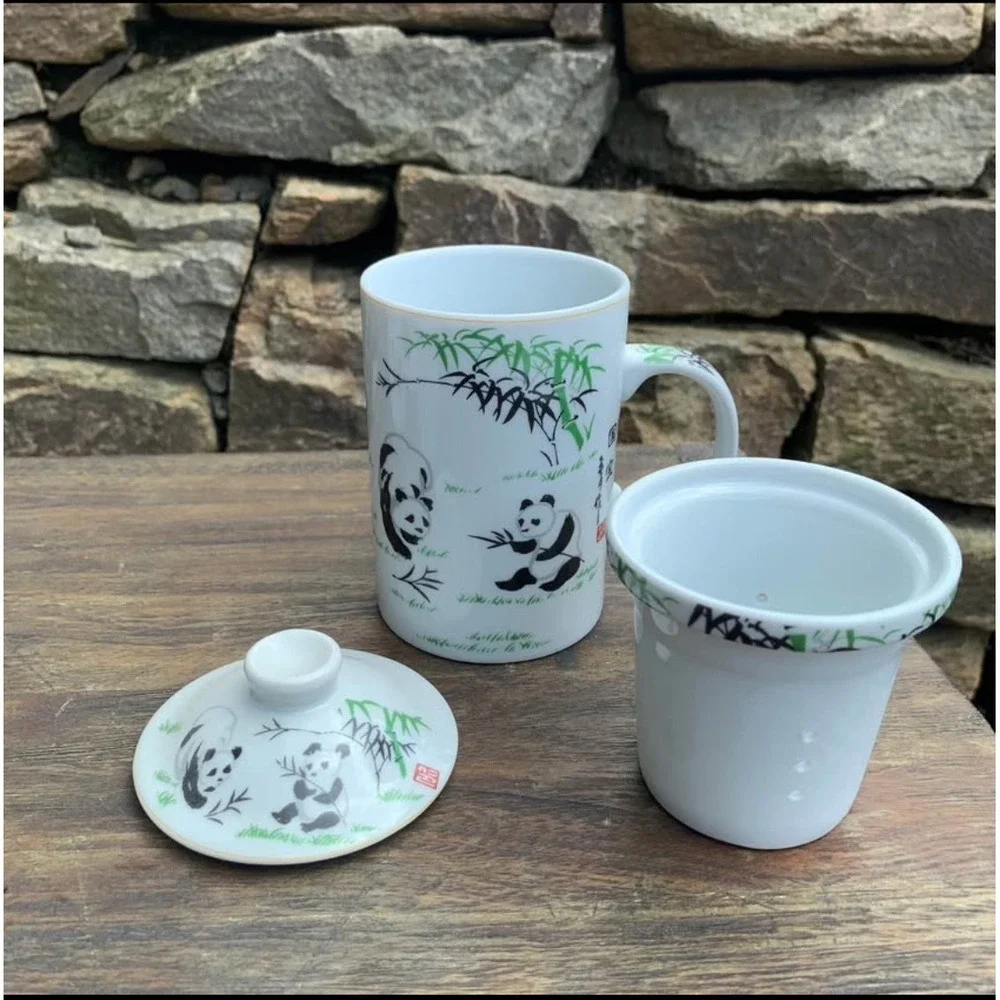 Chinese Porcelain Tea Mugs with Infuser Strainer Lids Panda Water Buffalo Set 2