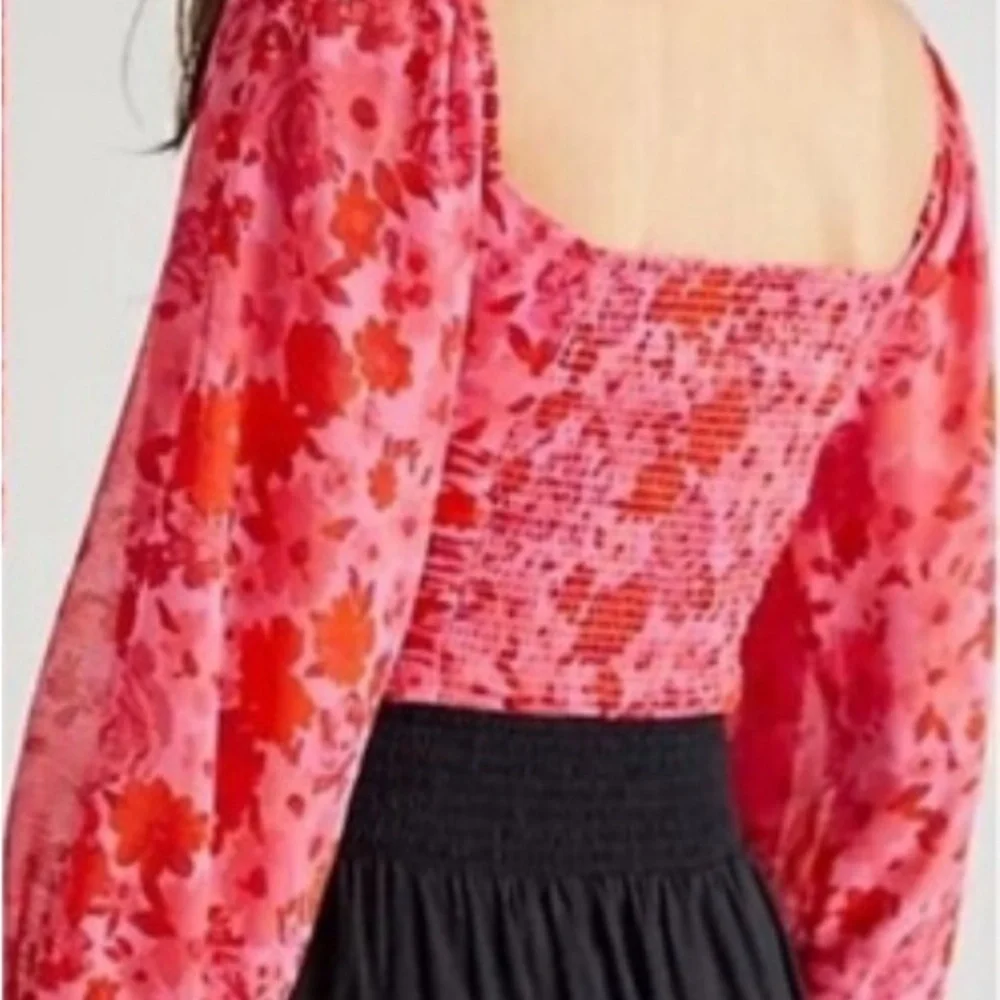 FREE PEOPLE FOREVER FEMME Oh La La TOP SMALL PINK FLORAL RUCHED PUFF SLEEVE