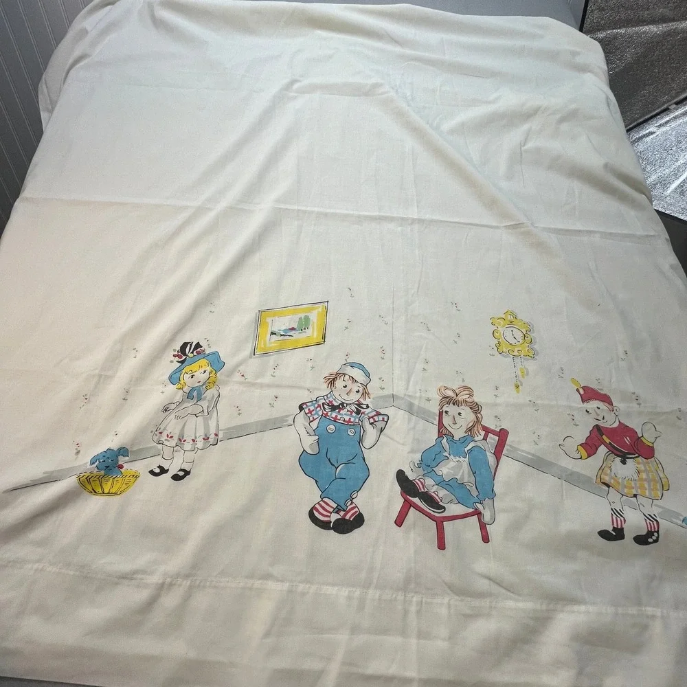 Vintage 1968 Raggedy Ann Andy Twin Flat Sheet White Cotton Blend Cottagecore