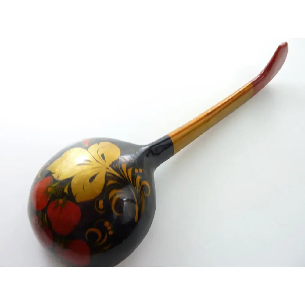 Vintage Russian Khokhloma Lacquer Spoon Strawberry Hand Painted Wood Serving 11
