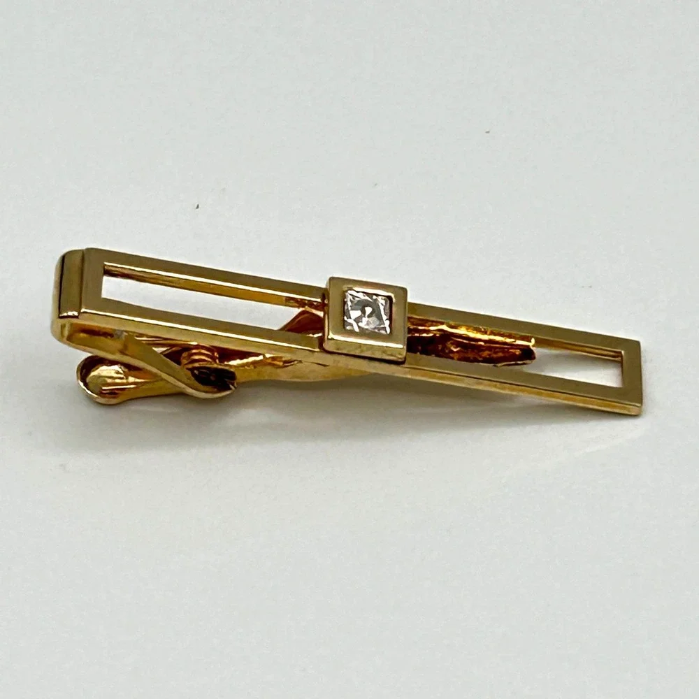 Pierre Cardin Tie Bar Gold Tone Rectangular Faux Diamond Crystal 2 Inch JW 72