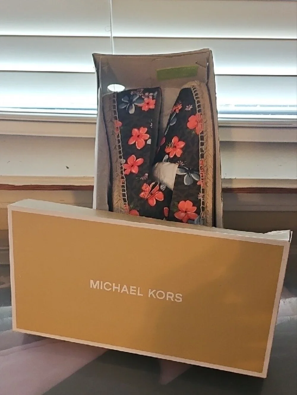 Michael Kors Navy Espadrille Slip-Ons with Pink & Coral Floral Print