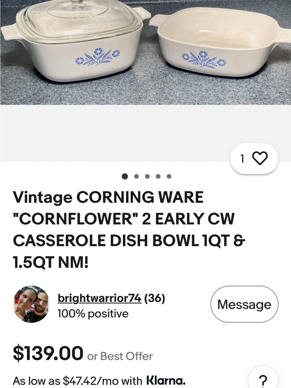Vintage corning ware, two casserole dishes, lid, & two detachable carry handles