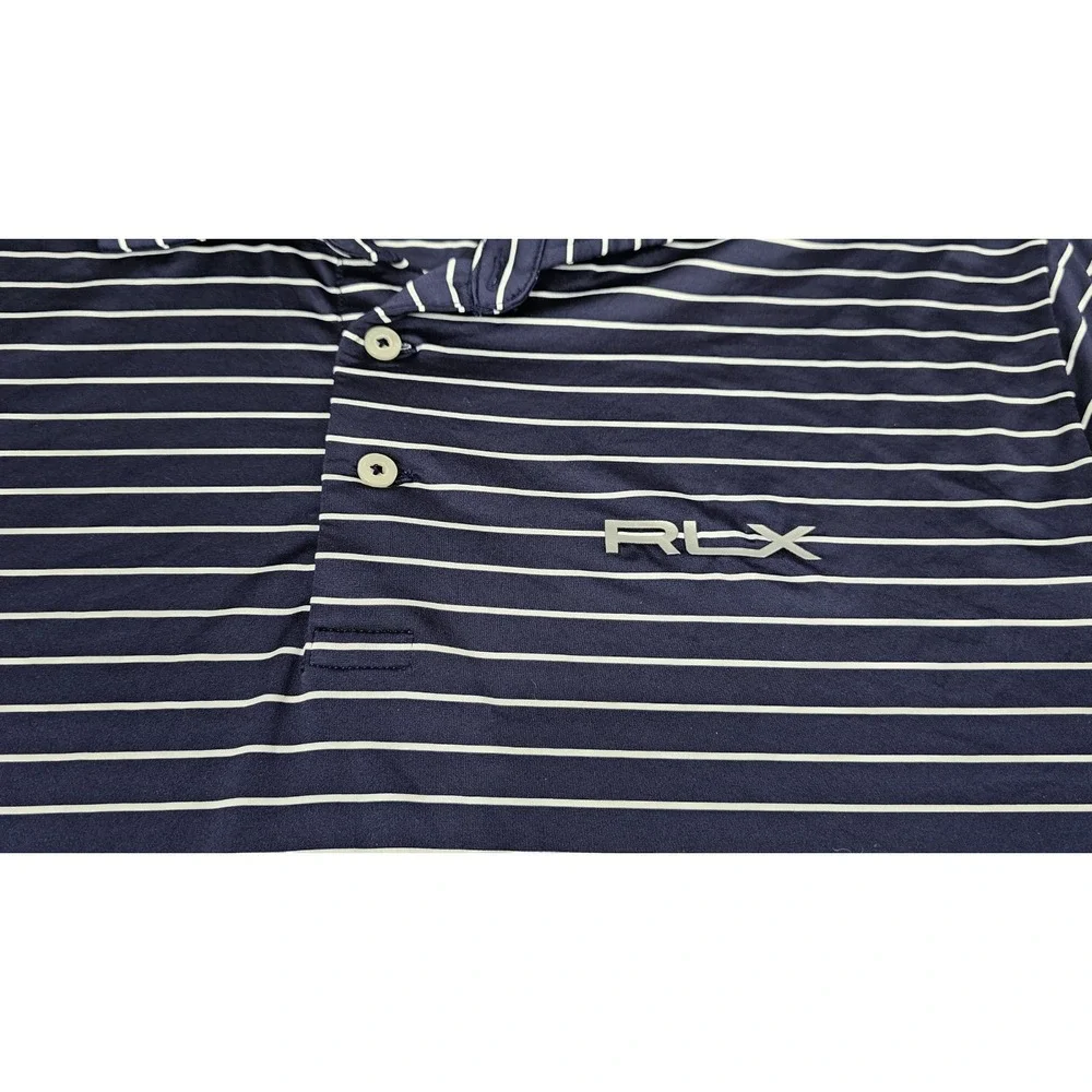 Rlx Ralph Lauren Polo Golf Shirt Mens XL‎ Blue White Striped ShortSleeve