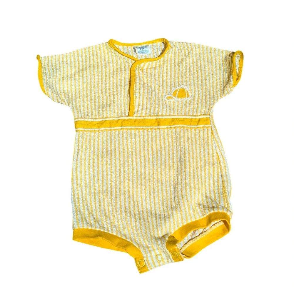 VTG Carter's Yellow White Stripe Baby Romper One Piece Terry Cloth 12M‎
