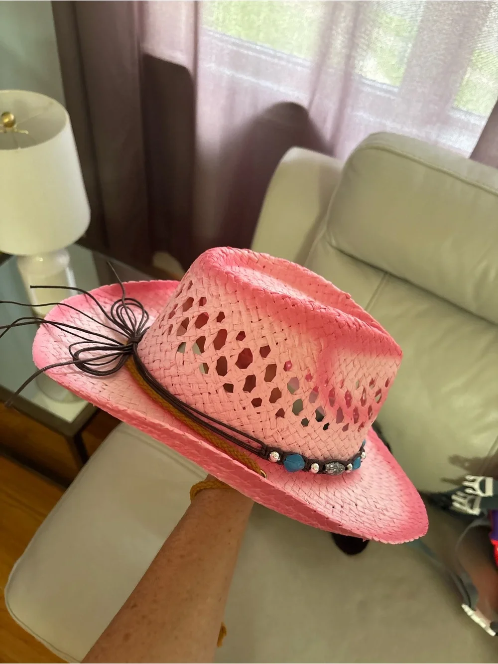 Pink Beaded Straw Cowgirl Hat with Turquoise Accents