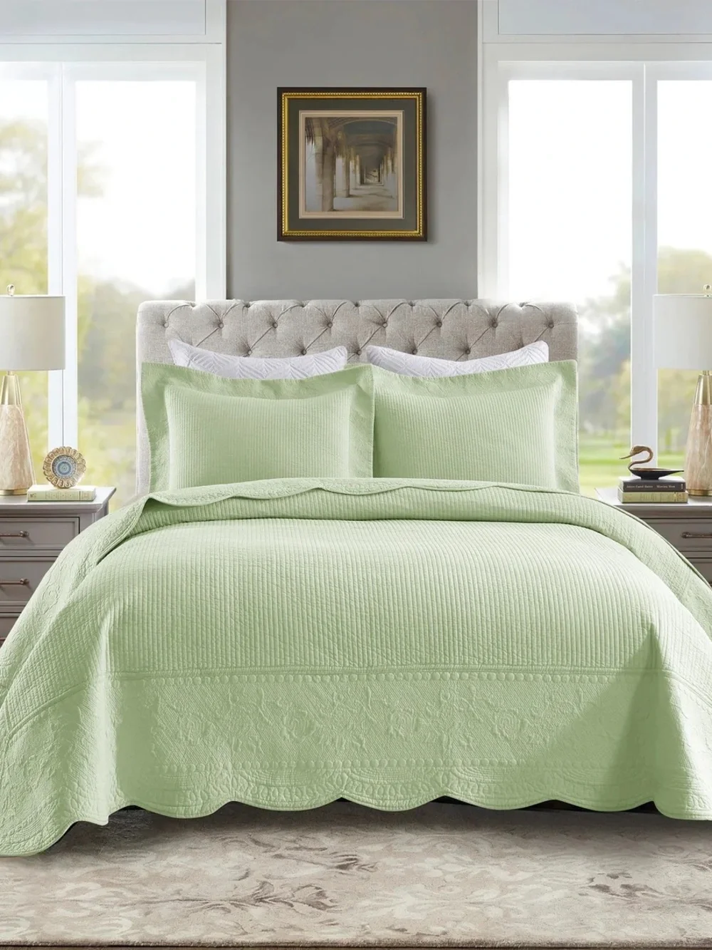 Light Green 3 piece king/cal king 100% cotton Quilted Bedspread Set - 3-Piece