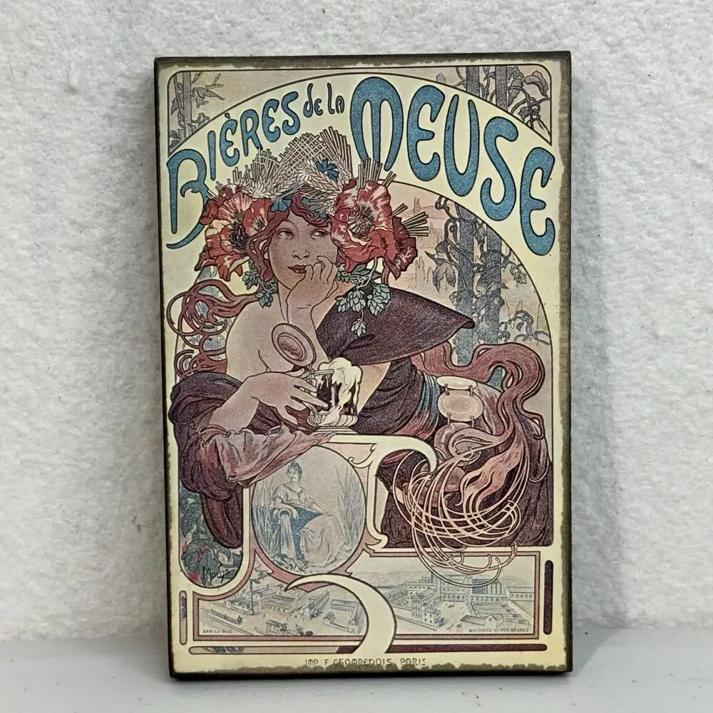 Art Nouveau Paris BIERES de la MEUSE by Alphonse Mucha Hard Pressed Board 9”x 6”