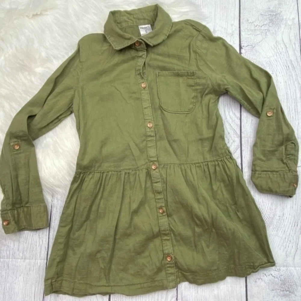 Carters‎ Tunic Top Girls Sz 5 Army Olive Green Long Sleeve Button Down Collared