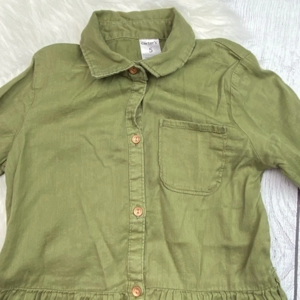 Carters‎ Tunic Top Girls Sz 5 Army Olive Green Long Sleeve Button Down Collared