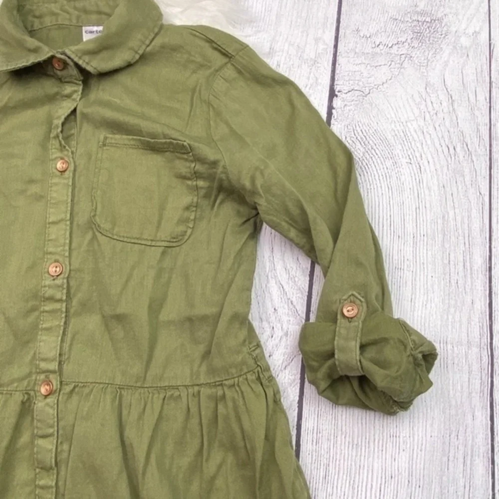 Carters‎ Tunic Top Girls Sz 5 Army Olive Green Long Sleeve Button Down Collared