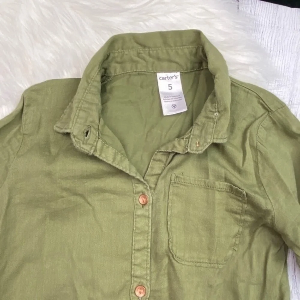 Carters‎ Tunic Top Girls Sz 5 Army Olive Green Long Sleeve Button Down Collared