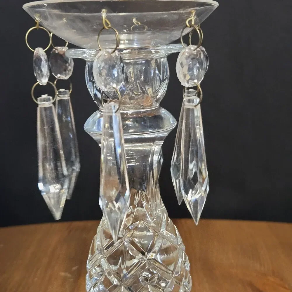 Vtg MCM Indiana Glass Cambridge Candleholder Dangling Prisms, Art Deco 6