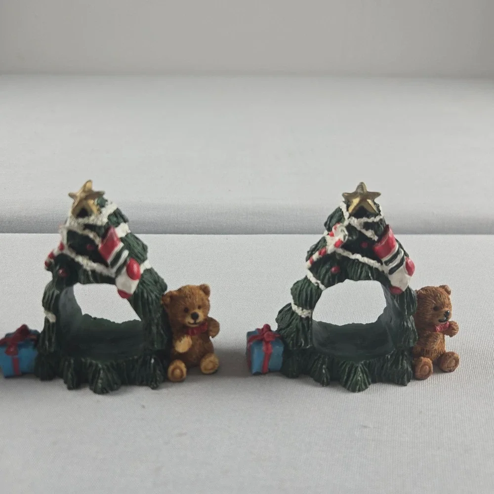 Vintage Christmas Tree Teddy Bear Napkin Rings Set of 8 Holiday Table Decor