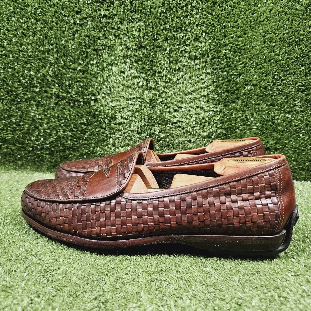Bragano Brown Leather Slip On Woven Penny Loafer Dress Shoes Mens Size 10 M‎