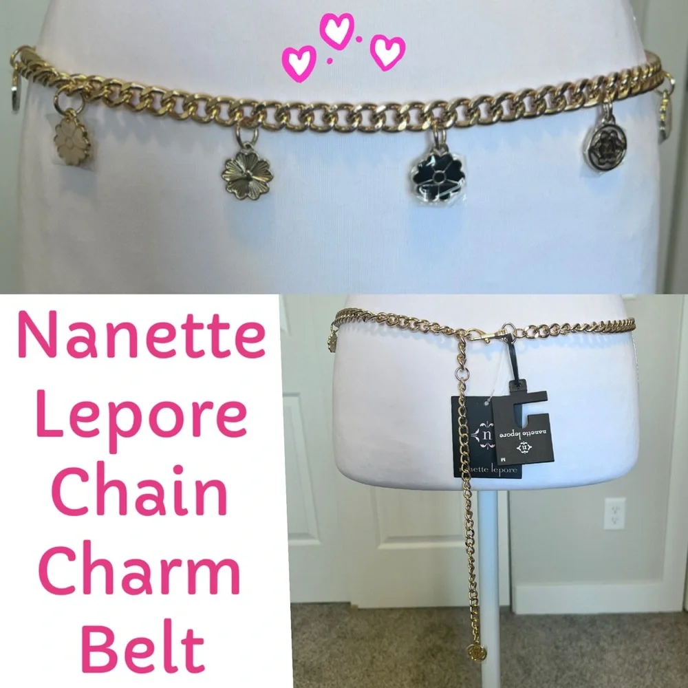 Nanette Lepore Gold tone Black Cream Flower Charm Chain Belt NWT