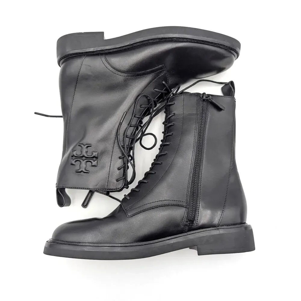 Tory Burch Double-T Lace-Up Combat Boots Women's Black Size US8M EU38.5