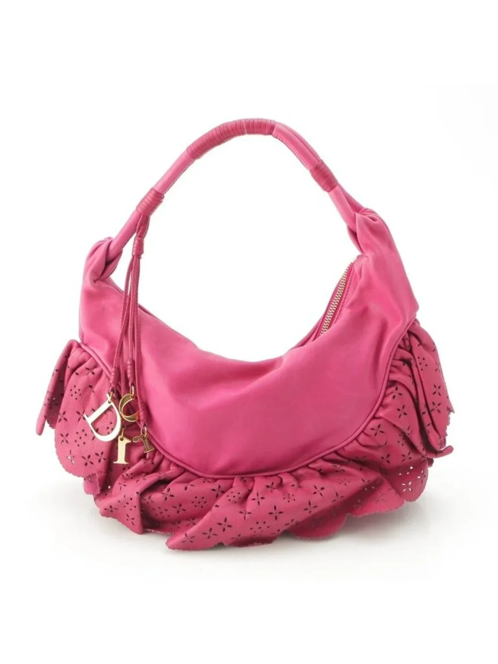 Dior Gypsy Leather Ruffle Hobo Shoulder Handbag Fuchsia Pink