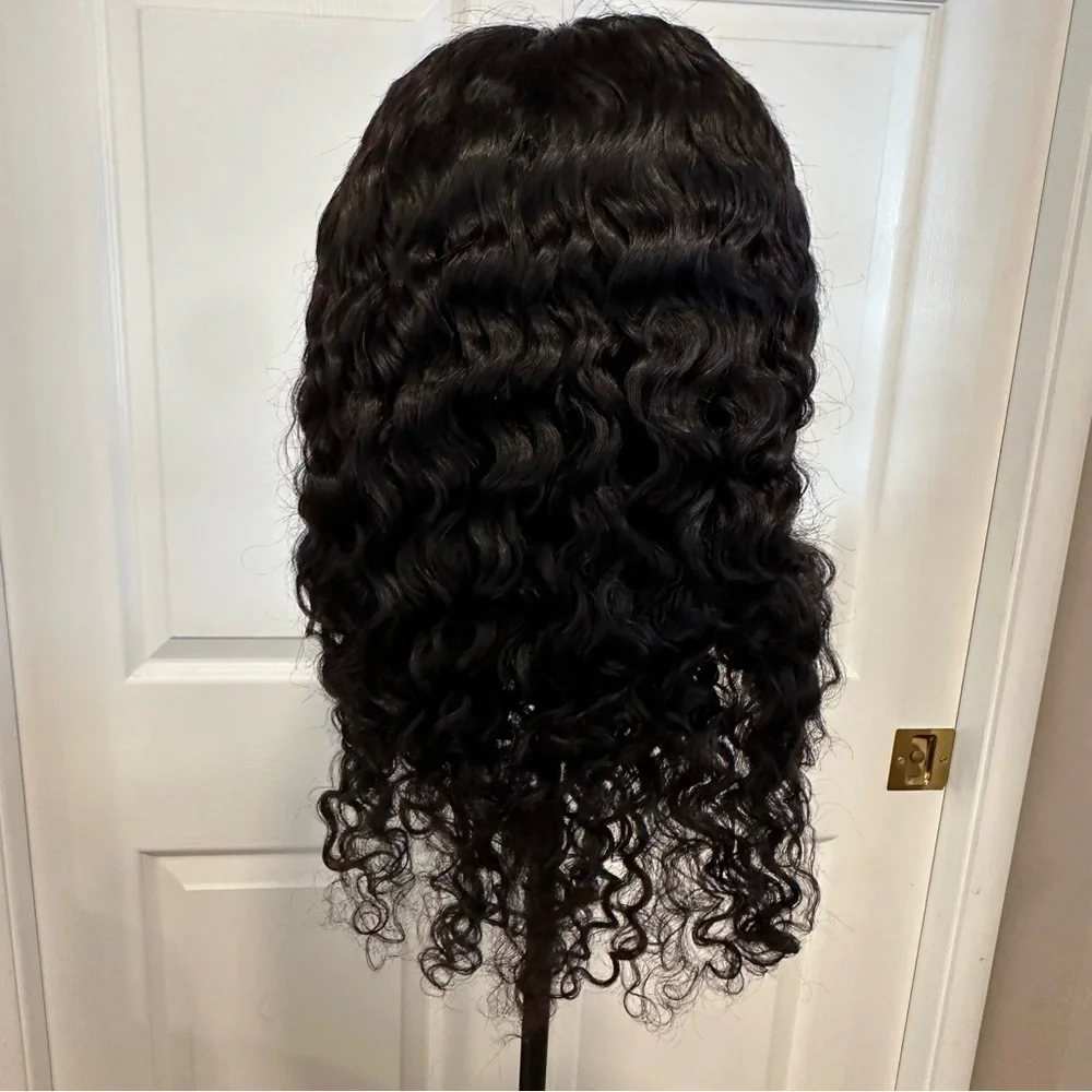20”‎ Natural Black Water Wave Human Hair 4x4 Lace Closure Wig 150% #QB3