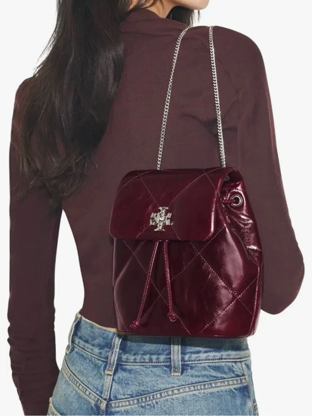 NWOT Tory Burch Kira Diamond Quilt Distressed Mini Backpack In Dark Carmine