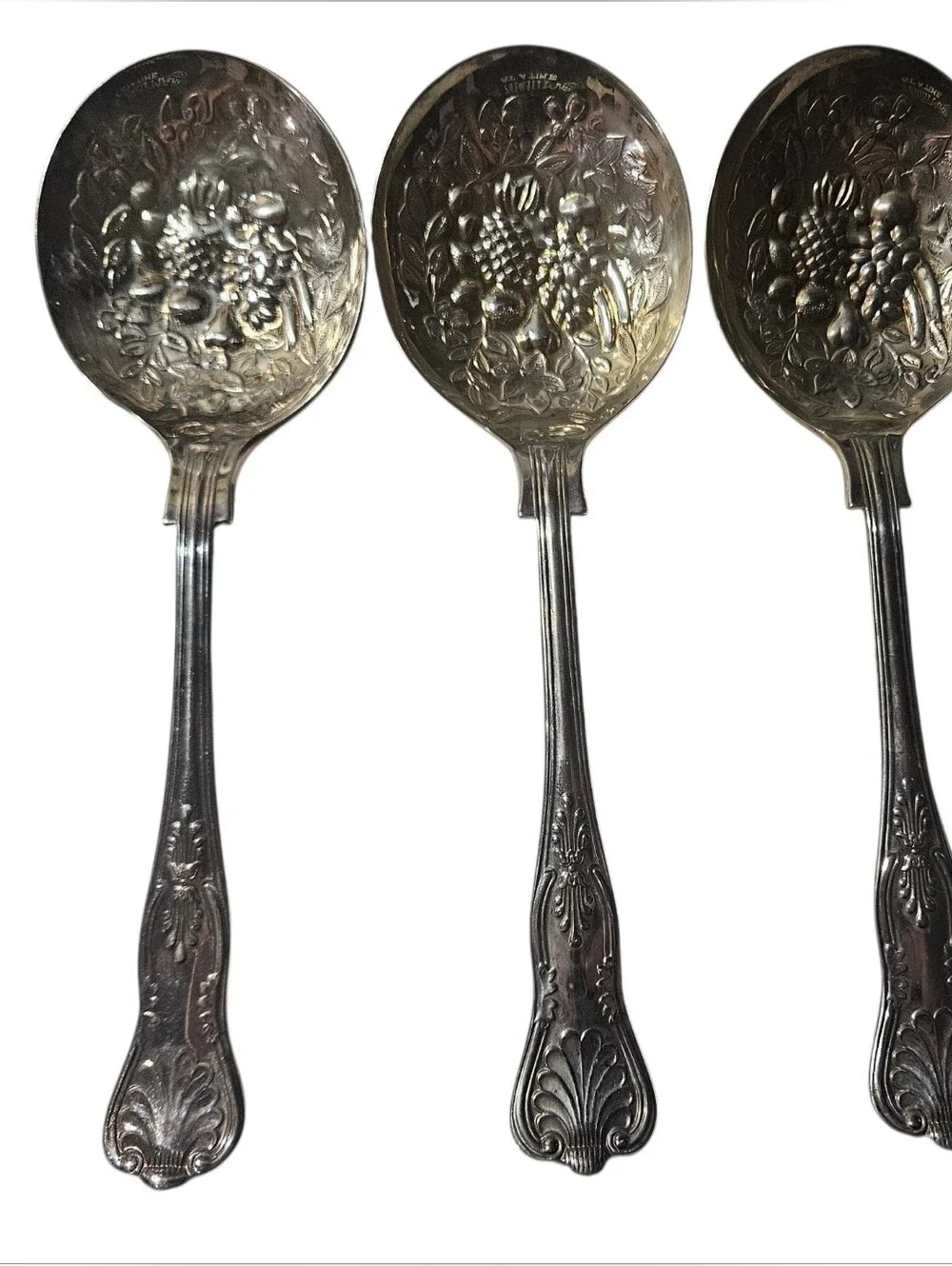 Vintage Sheffield England Set Of Three Fruit Themed Embossed Serving Spoons!