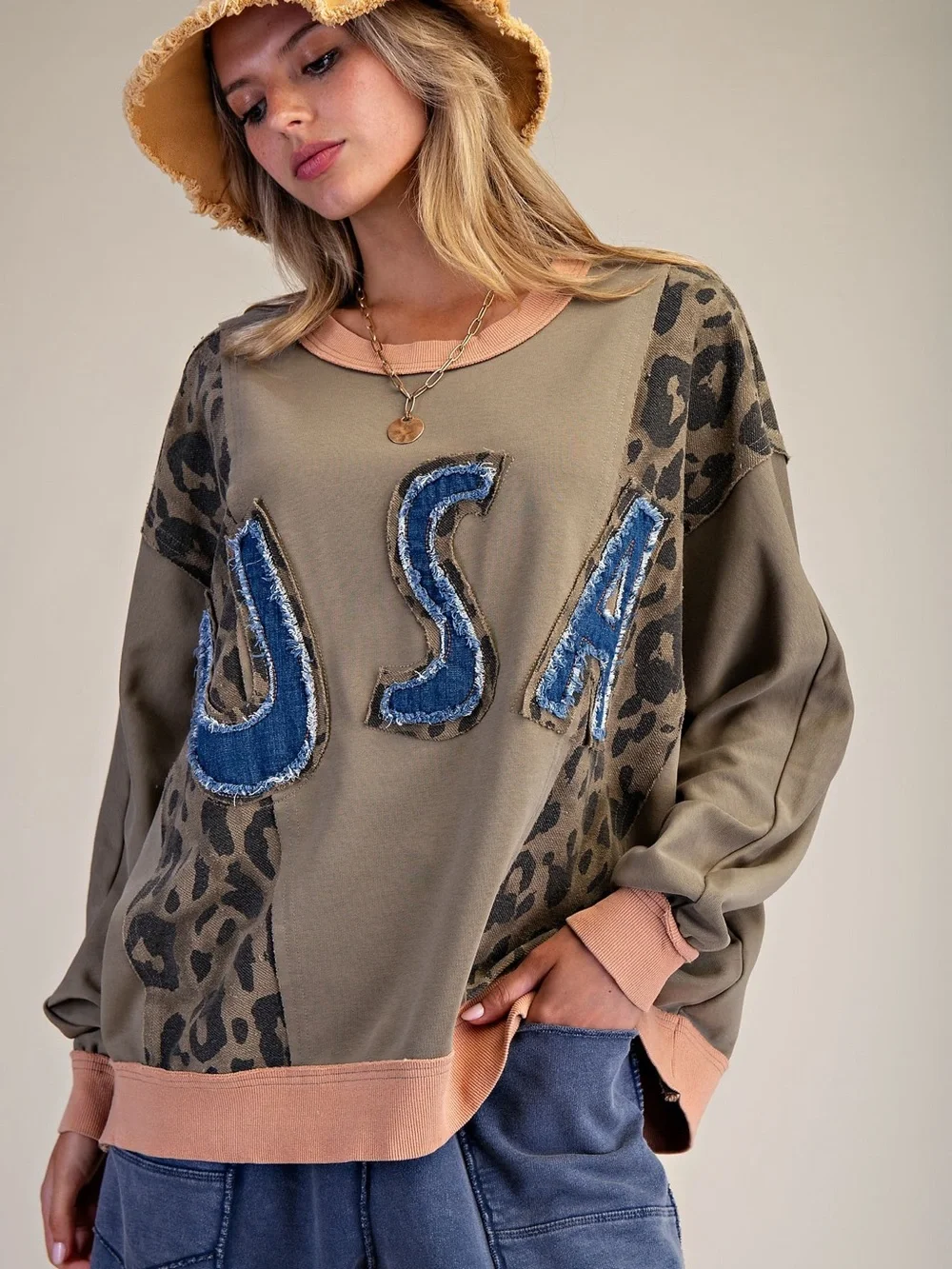 332. EASEL Olive Leopard-Panel Sweatshirt with Denim Appliqué