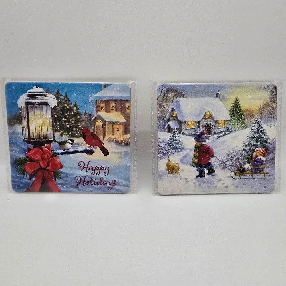 Happy Holidays Winter Scene Coasters Set of 2 Cardinal Sledding Cork Backed NCCS