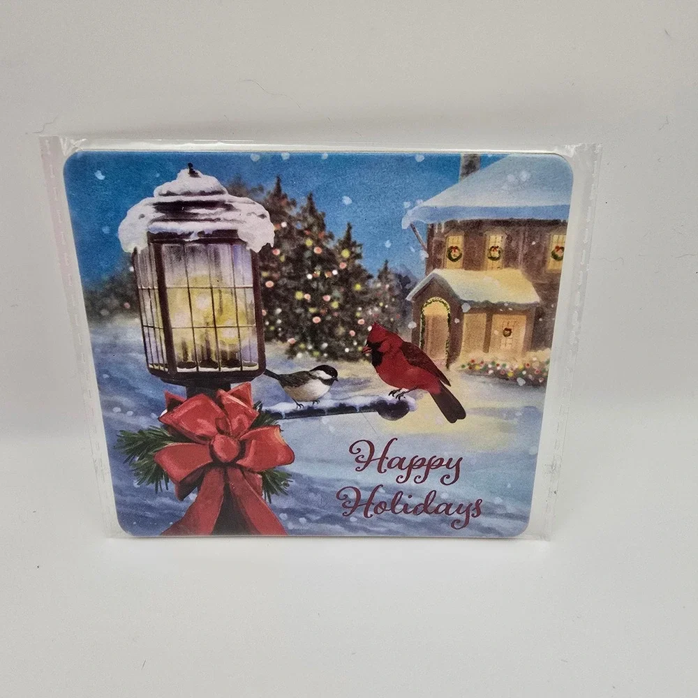 Happy Holidays Winter Scene Coasters Set of 2 Cardinal Sledding Cork Backed NCCS