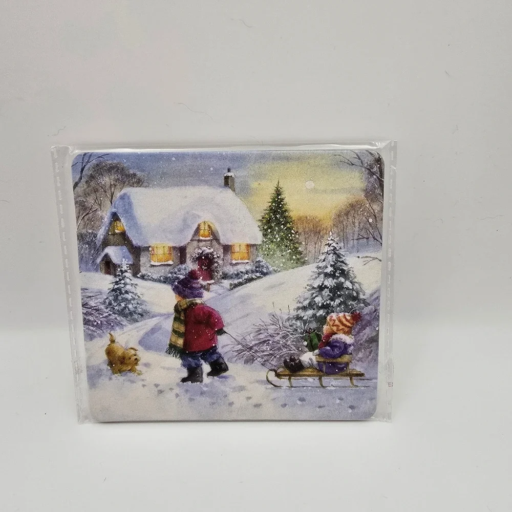 Happy Holidays Winter Scene Coasters Set of 2 Cardinal Sledding Cork Backed NCCS