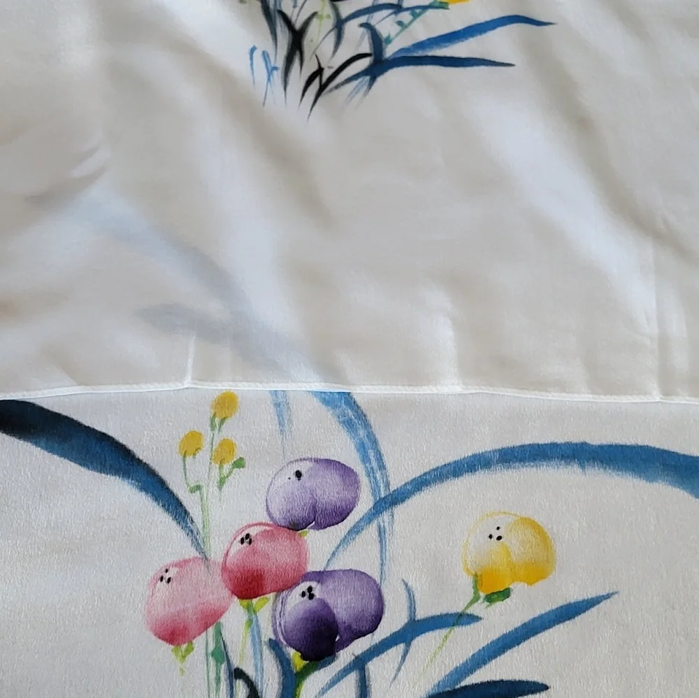 Unbranded White Silk Scarf/Wrap With A Watercolor Floral Design