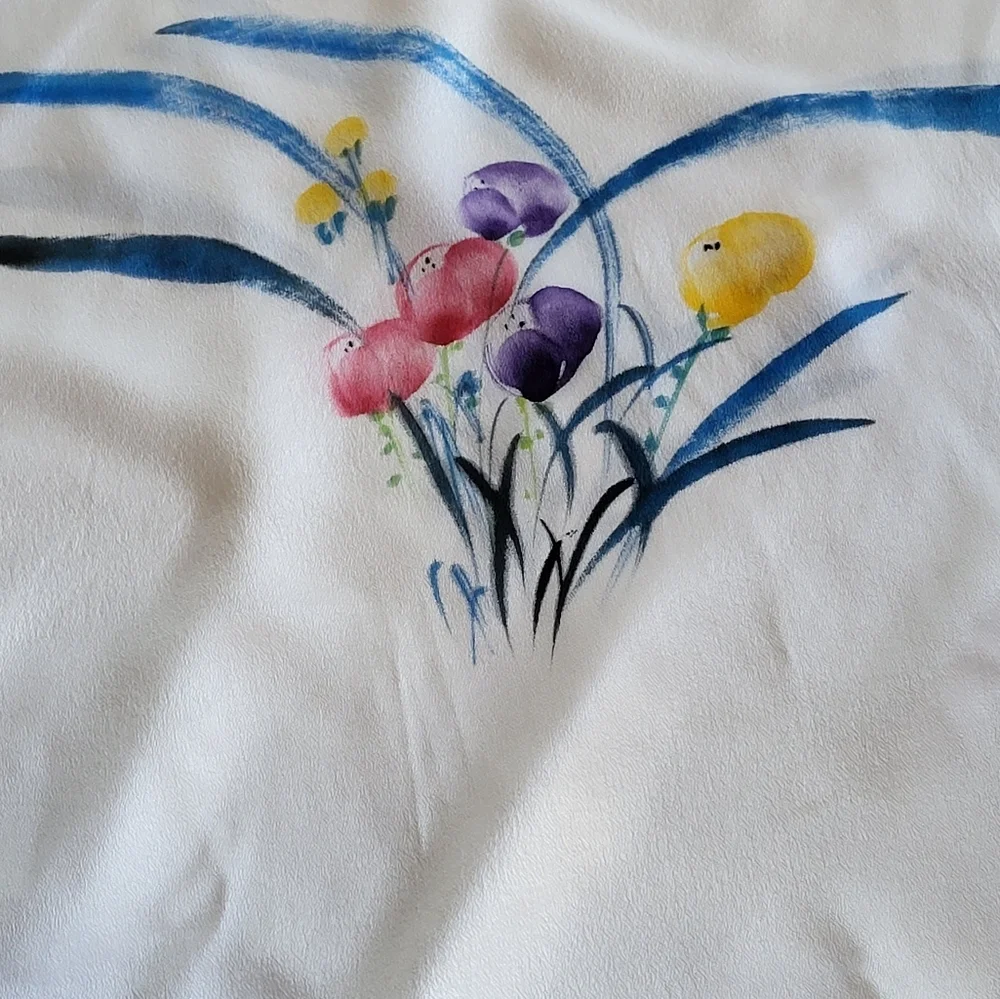 Unbranded White Silk Scarf/Wrap With A Watercolor Floral Design