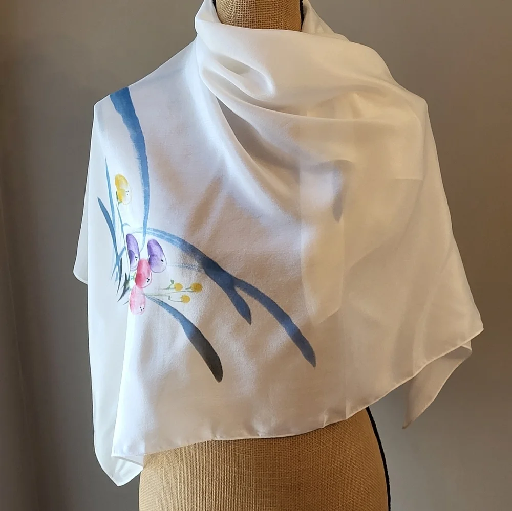 Unbranded White Silk Scarf/Wrap With A Watercolor Floral Design