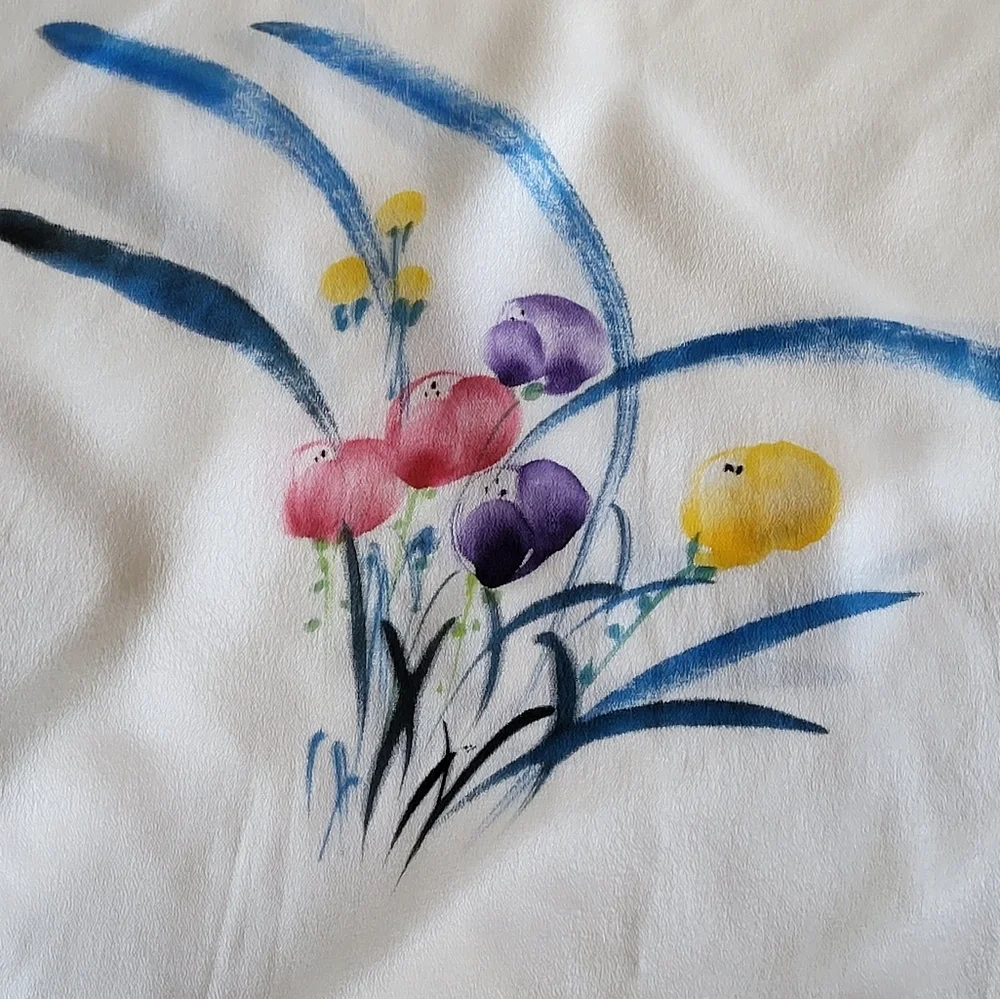 Unbranded White Silk Scarf/Wrap With A Watercolor Floral Design