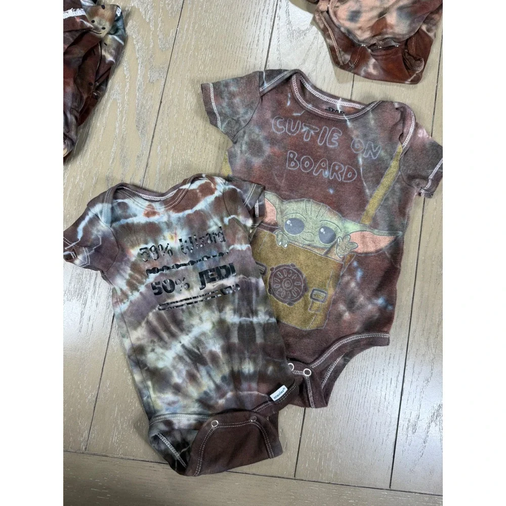 Star Wars CUSTOM Bodysuits Kids 0-3M 12M Brown Tie Dye Grogu Jedi Set of 2