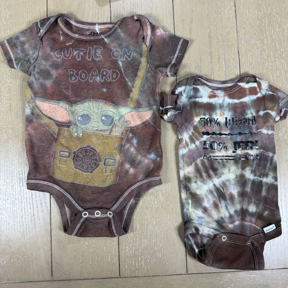 Star Wars CUSTOM Bodysuits Kids 0-3M 12M Brown Tie Dye Grogu Jedi Set of 2